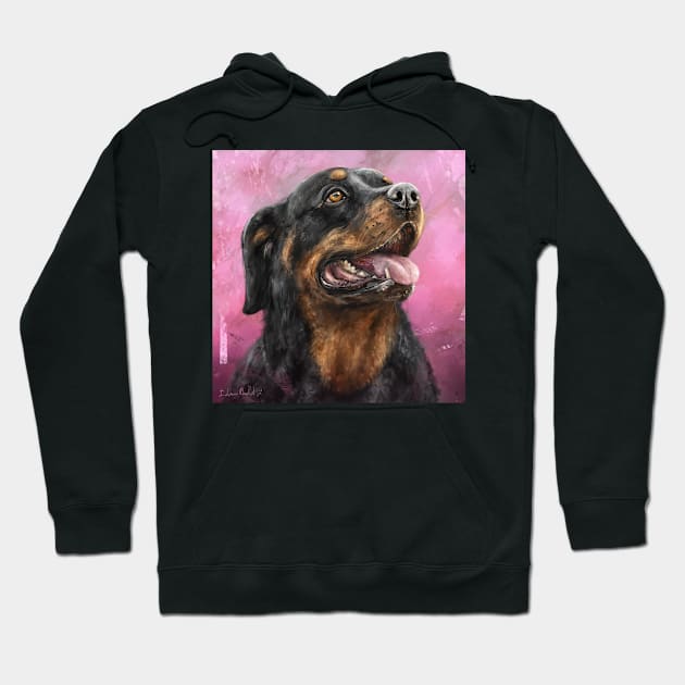 Painting of a Gorgeous Rottweiler with Its Tongue Out, Purple Spattered Background Hoodie by ibadishi